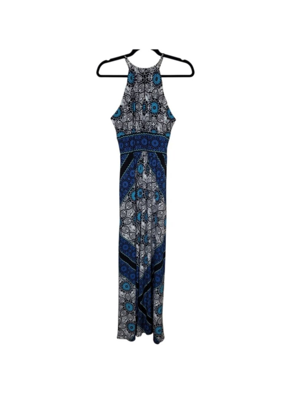 Dressbarn Halter Neckline Maxi Dress Blue Tile Print Bohemian Festival Sz 6 - Picture 3 of 7